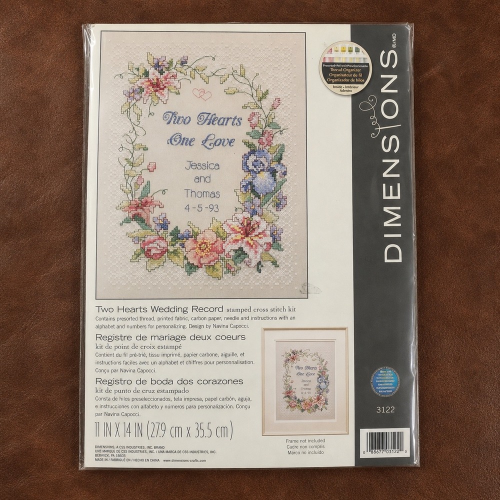 Dimensions Two Hearts Wedding Record Stamped Cross Stitch 3122 Navina Capecci